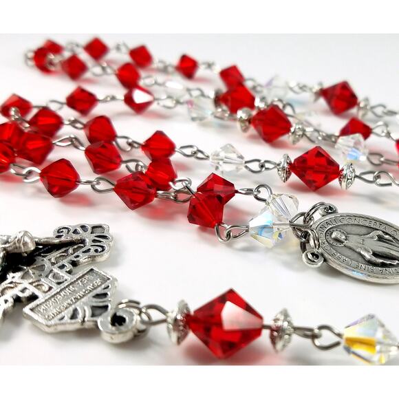 Vintage Red Clear Crystal Rosary, Pardon Crucifix, Hand Wire Wrapped - Picture 7 of 10